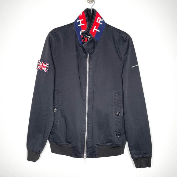TRENCH London Mens Zip Up Bomber Jacket 100% Cotton In Black Size L - Picture 1 of 12